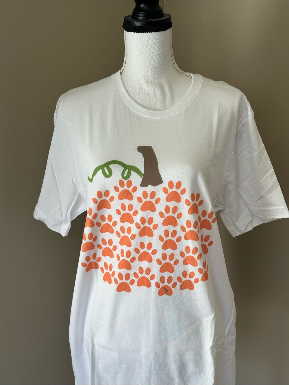 Bella Canvas White Tee with Orange Paw-Print Pumpkin and Green Vine